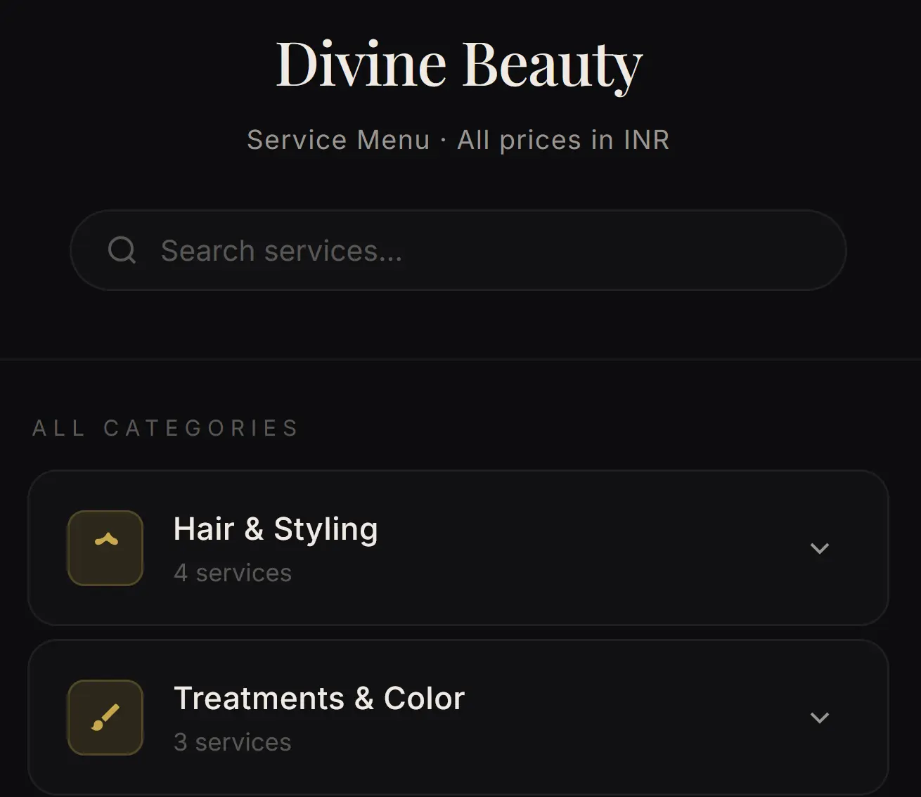 Salon Menu Theme 4 — Compact Dropdown